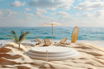 Obraz premium Summer Beach Scene with Palm Tree, Chairs, and Surfboard