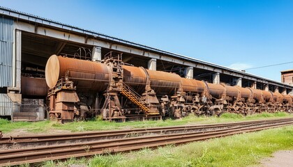 Obraz premium In the heart of the industrial city, an old steel factory hums with the rhythmic pulse of machinery, each engine and equipment a testament to the power of