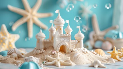 A Miniature White Castle Surrounded by Seashells and Starfish