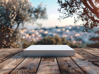 Minimal wooden table with a white box podium, blurred cityscape, perfect for product display outdoors.