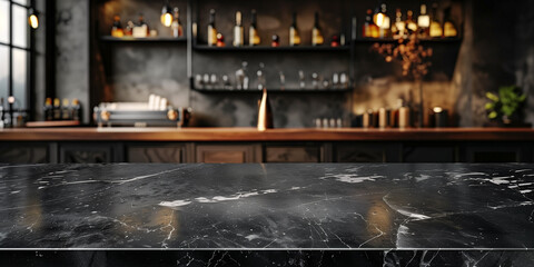 Black marble bar counter top with empty space for product mockup. Restaurant counter in a coffee shop. Countertop backdrop for templates and product displays in a kitchen or bar.