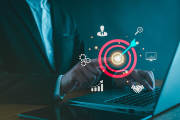 Businessman focusing on target goal icon, corporate development, global business leadership, strategy, prospects, goals, Target,  strategies for success.