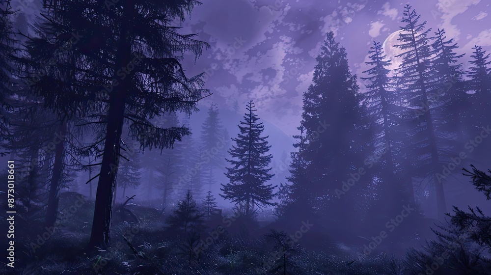 Poster mystical forest under moonlight with tall trees and mist creating a serene yet mysterious atmosphere