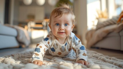 Fototapeta premium A joyful baby dressed in patterned pajamas, playfully crawling on a plush carpet in a modern living space filled with soft light and comfortable furniture.