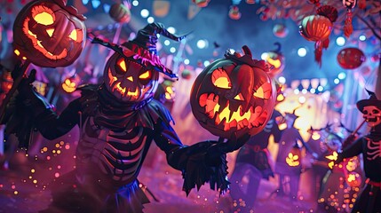 Spooky Halloween scene with people in skeleton costumes holding scary jack-o'-lanterns amidst whimsical decorations and glowing lights.