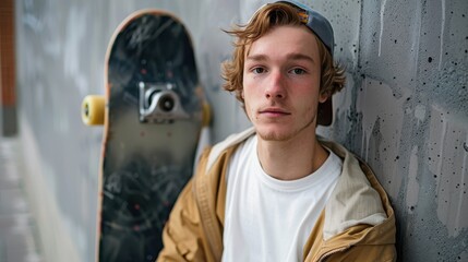 A young skateboarder wearing a cap and casual clothes rests against an urban wall with his skateboard beside him, embodying a cool and laid-back vibe characteristic of skateboard culture.