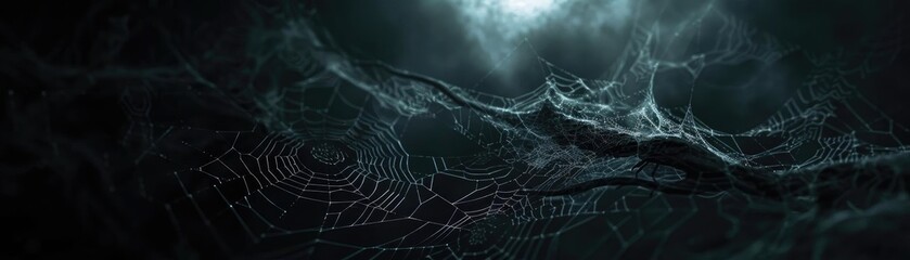 Dark and eerie spider web illuminated with a mysterious light, creating a haunting and atmospheric scene perfect for Halloween themes.