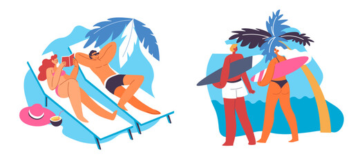 Couple Relaxing On Beach Loungers