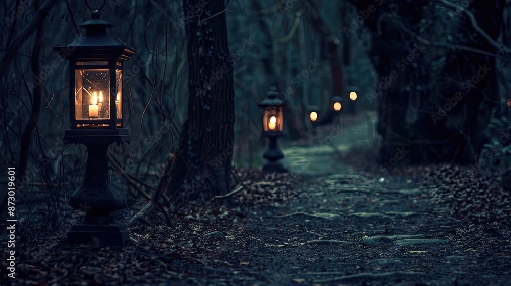 Poster enchanted forest path illuminated by vintage lamps, creating a mysterious and magical atmosphere in 
