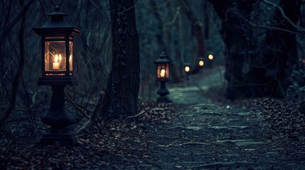 Enchanted forest path illuminated by vintage lamps, creating a mysterious and magical atmosphere in the woods at night.