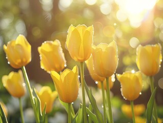 Obraz premium Close-up shot of vibrant yellow tulips bathed in gentle morning light, with petals slightly glistening with dew, set against a blurred garden backdrop, creating a lovely scene for spring holiday cards