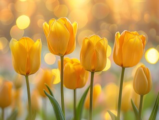 Fototapeta premium Artistic composition of blooming yellow tulips arranged elegantly in a garden setting, with soft bokeh effects and warm lighting, making it an ideal image for greeting cards welcoming the spring