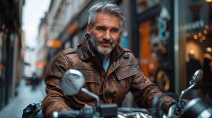Fototapeta premium A stylish man with grey hair and beard rides a motorcycle in an urban street, donning a brown leather jacket that reflects modern bikers who combine fashion with function.