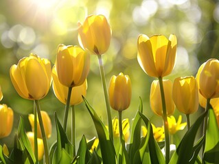 Obraz premium Bright and cheerful image of yellow tulips in full bloom, arranged beautifully with a soft-focus background, ideal for spring holiday greeting cards, with delicate sunlight enhancing their vibrant