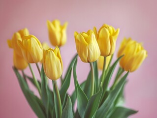 Obraz premium Detailed photograph of a bouquet of yellow tulips against a pastel background, capturing the freshness and charm of spring, perfect for greeting card designs celebrating the season's holidays