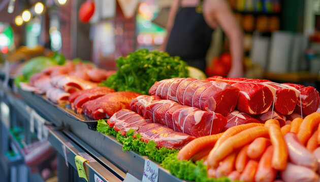 Freshly Cut Meats Displayed at a Vibrant Local Market, A Feast for the Senses Ripe Meats, Market, Fresh, Butcher Shop, Food, Grocery, Produce, Local, Organic, Healthy, Delicious, Quality, Selection,