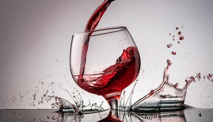 Fototapeta premium Focus on realistic glass with falling red wine on white background , generated by AI. High quality photo