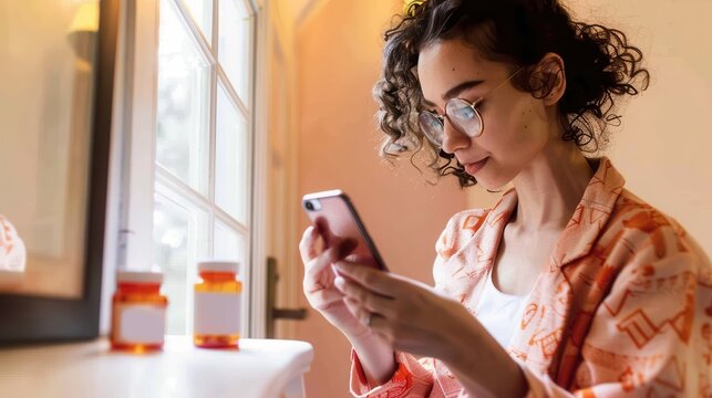 A person is holding a smartphone by a window with prescription bottles nearby, possibly checking medication information or contacting a healthcare provider.