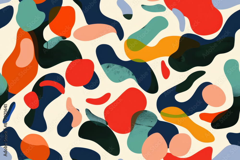 Poster seamless pattern featuring colorful organic shapes flowing on a light background, creating a dynamic