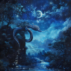 Illustration of dragon in the night with crescent