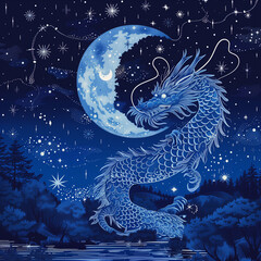 Illustration of dragon in the night with crescent