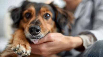 A human hand gently holds a small dog&rsquo;s paw, signifying a moment of bonding and care between the pet and owner, with the diverse textures adding depth to the scene.