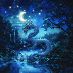 Illustration of dragon in the night with crescent