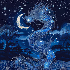 Illustration of dragon in the night with crescent