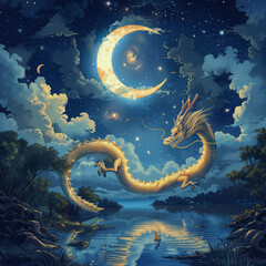 Illustration of dragon in the night with crescent