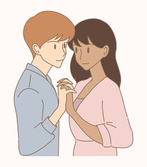 Man and woman holding hands, dancing. Diverse couple clasping hands, romantic relationships. Hand drawn flat cartoon character vector illustration.