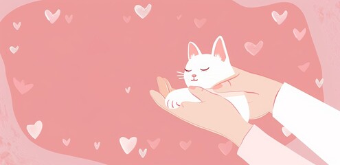 happy woman holding a cat, with the text "HAPPY CAT DAY" on a blue background with light pastel colors. cute graphic art and children's book illustrations, with hand drawn details