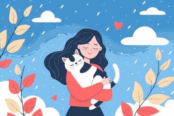 Naklejka premium happy woman holding a cat, with the text 