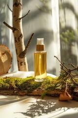 An essential oil bottle on top of a musk-filled tree branch