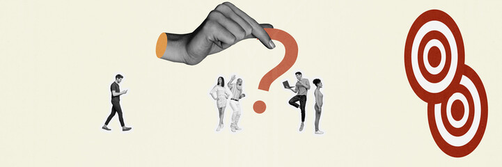 Trend artwork composite sketch image 3D collage of aim achievement goal target development team man lady laptop phone huge question idea