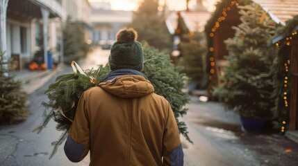 Obraz premium The image depicts a man from behind, wearing a green hat and brown jacket, carrying a freshly cut Christmas tree, walking through a festive market street. Ideal for stock use.
