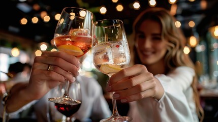 Two individuals clink glasses filled with refreshing beverages amidst a lively restaurant bar setting adorned with warm bokeh lights, creating a vibrant social atmosphere.