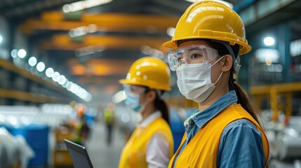 Fototapeta premium A female engineer in an industrial building is seen holding a tablet, showcasing modern technology usage, tech-savvy expertise, and efficient operations in a manufacturing setting.