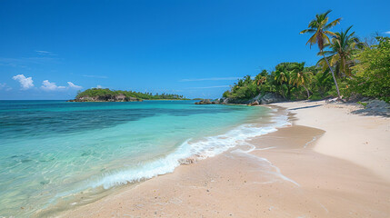 Naklejka premium Pristine Tropical Beaches with Crystal Clear Waters, Lush Greenery, Tall Palms, and Idyllic Island Paradises for the Perfect Exotic Vacation Getaway