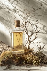 An essential oil bottle with cuentagotas atop a muscled tree trunk