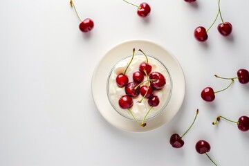 On a white plate, a cream dessert topped with cherries. A Summer dessert from the top.