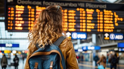 Fototapeta premium A traveler is observing the departures board at a bustling airport terminal, with a backpack, ready to embark on a new journey, capturing the essence of exploration and curiosity.