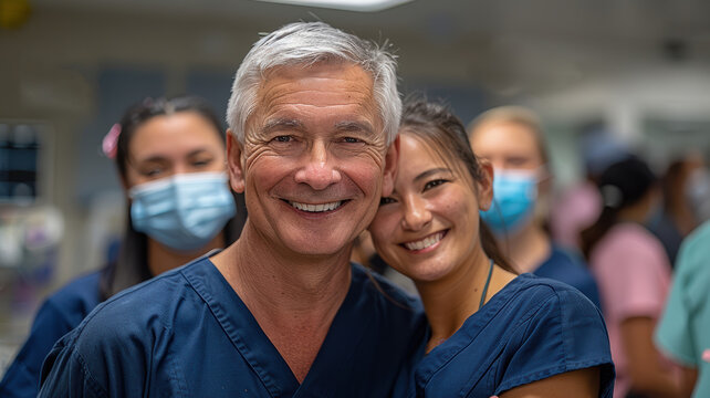 Happy clinic diverse team in medical professional uniforms Confident ambitious doctors posing for front portrait. happy surgeon doctor with his team of interns