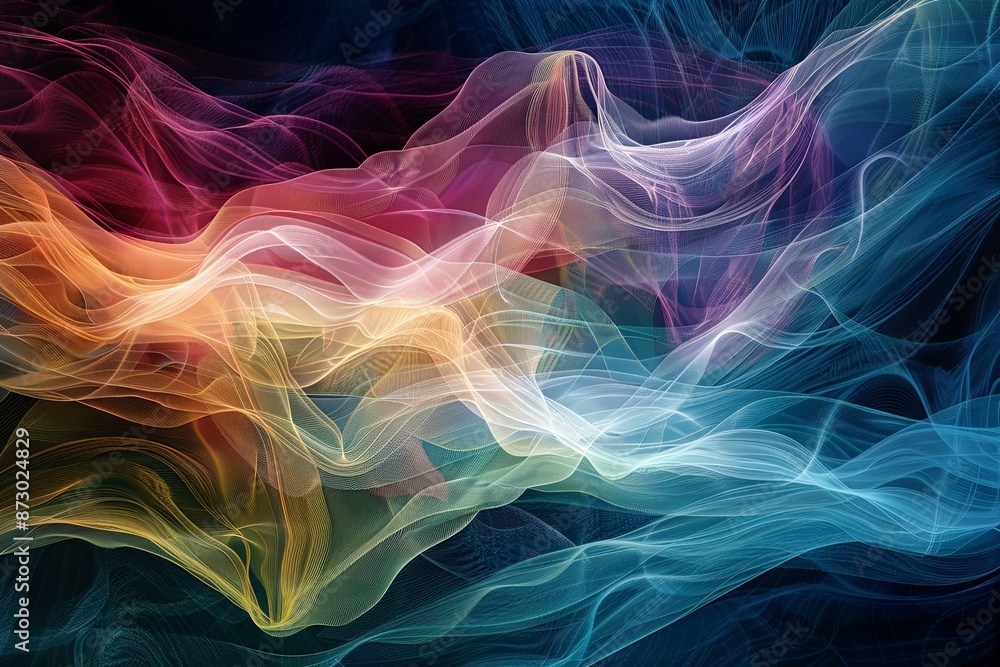 Poster abstract digital waveforms in vibrant colors flow across a dark background. generative ai