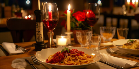 Romantisches Essen Spaghetti Paar Teller Restaurant Tisch Gericht