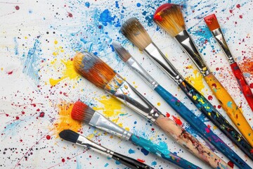 Fototapeta premium Colorful art brushes with vibrant paint splatters on a white background, showcasing creativity and artistic expression.