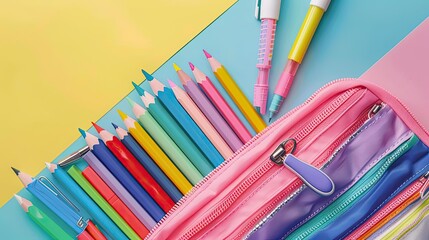 Fototapeta premium Colorful pencils and pens spilling out of a pink pencil case on a bright multicolored background. Perfect for back-to-school themes.