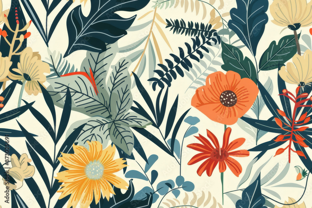 Poster seamless pattern with tropical flowers and palm leaves creating an exotic jungle atmosphere, perfect