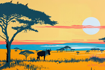 Naklejka premium Risograph riso print travel poster, card, wallpaper banner illustration, modern, clear, simple of Maasai Mara, Narok County, Kenya. Artistic, landmark printing, stencil backdrop background