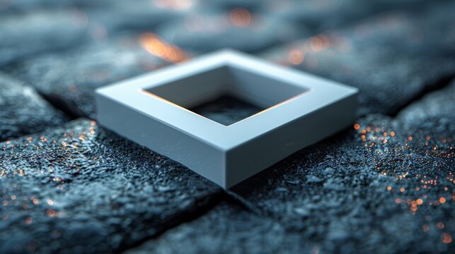 a minimalistic image of a square smooth carbon frame, built around a microship die-shot, depth of field, extreme closeup, white scheme 