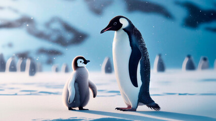 Obraz premium Two penguins, mother and calf, walk in the snow